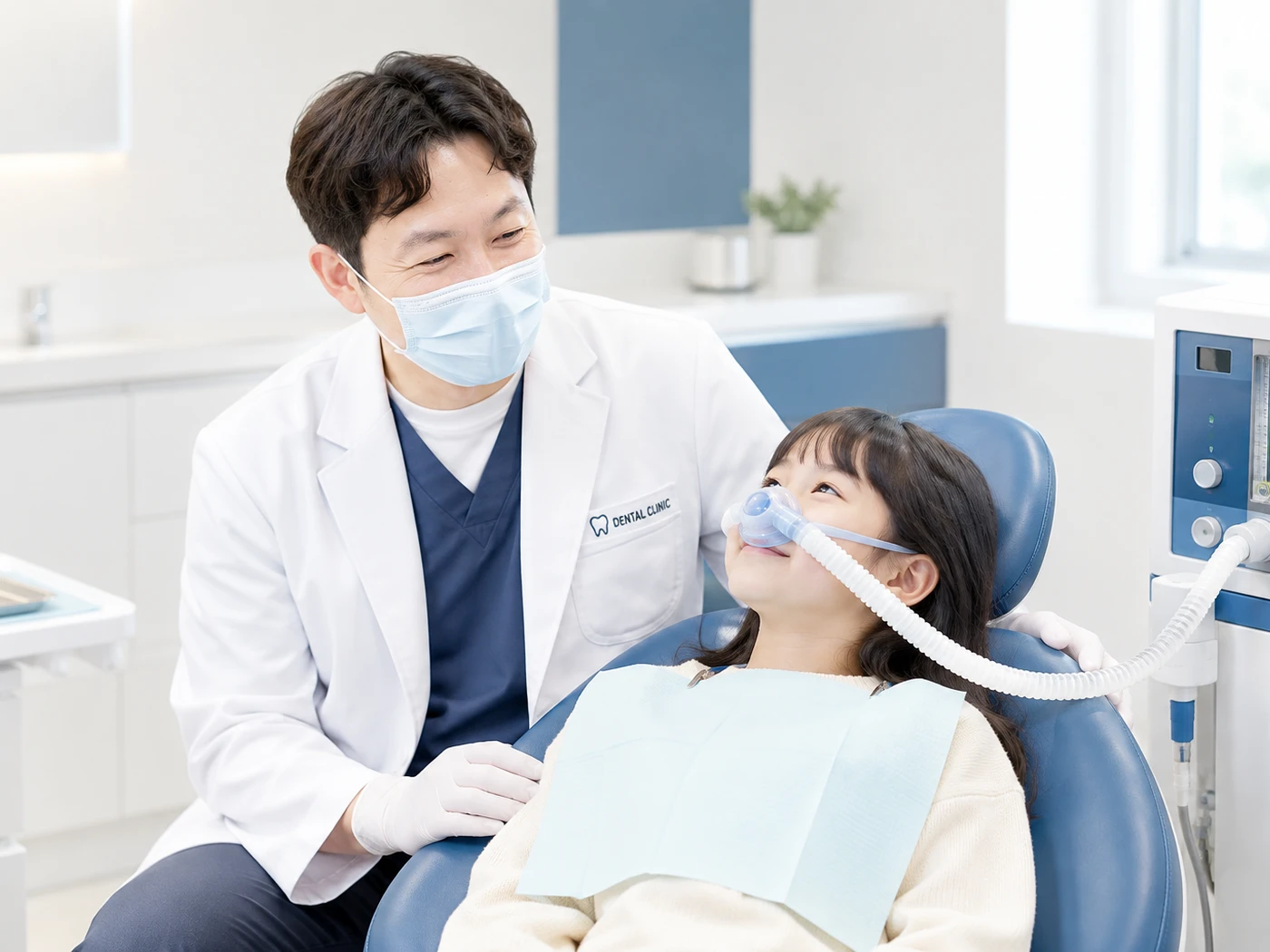 웃음가스(아산화질소) 진정치료용 마스크를 착용한 어린이와 진정 장비